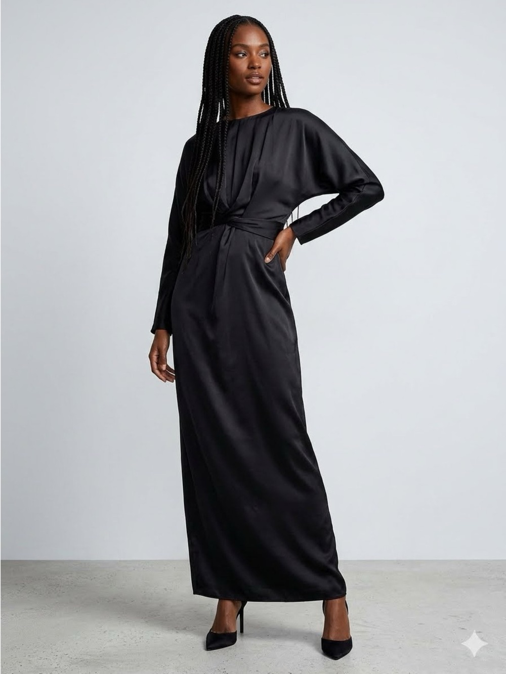 ASOS Black Satin Knot-Waist Maxi Dress